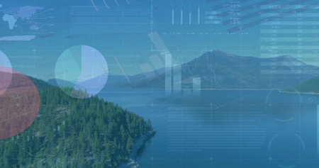 Displaying pine peninsula extending into calm mountain lake in mountain basin, with data overlays. Nature, technology, data visualization, outdoor, landscape, digital interface, environmentalの写真素材