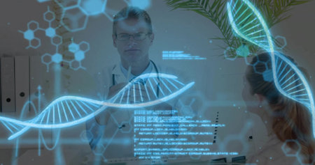 Projecting physician wearing coat, stethoscope showing holographic DNA helix in clinic using stylus....