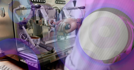 Barista arm operating espresso machine at coffee shop counter, with portafilter, steam wand. Professional, industrial, minimalist, beverage, service, craftsmanship, culinaryの写真素材