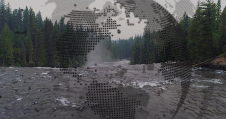 River rapids flowing in canyon of evergreens and rocky banks, distant waterfall. Nature, wilderness, adventure, landscape, exploration, eco, scenicの写真素材