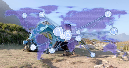 Kneeling hiker adjusting backpack at mountain clearing, with tent and map overlay. Adventure,...