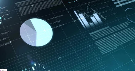 Displaying dashboard projecting data on dark grid surface, with pie, bar, line charts, annotations....