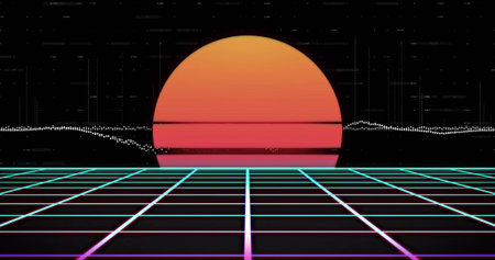 Glowing gradient semi-circular sun rising in retro futuristic landscape, with neon grid plane. Futuristic, digital, neon, cyberpunk, abstract, perspecitve, retroの写真素材