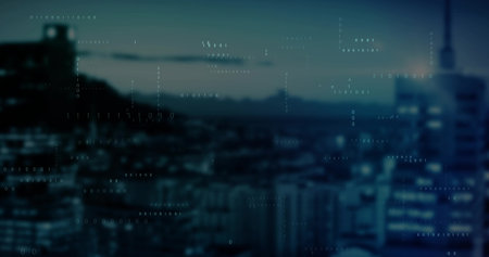 Floating digital binary code overlay shimmering over urban skyline at twilight, digital abstraction....
