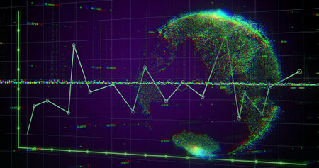 Digital data visualization featuring neon green line chart and colorful point cloud globe on screen....