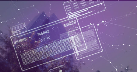 Floating digital interface over treetops against violet sky, with keyboard grid and numeric panels. Futuristic, digital, abstract, interface, technology, data, sci-fiの写真素材