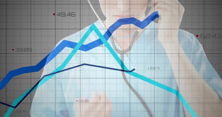 clinician using stethoscope on chest in grid overlay display, with colored line graphs numeric data. Medical, diagnostics, technology, analytics, health, data, digitalの写真素材