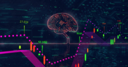Displaying circuitry brain icon connecting axis in cyberspace, with candlestick bars, numbers. Futuristic, technology, innovation, data analysis, visualization, digital, cyberの写真素材