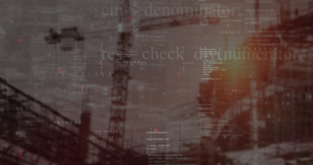 Tower crane lifting steel skeleton and scaffold on construction site, overlaying translucent code. Architecture, engineering, technology, automation, innovation, construction, urbanの写真素材