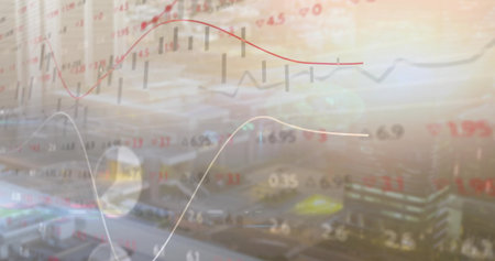 Displaying financial data overlay over apron with vehicles, candlestick bars and red trend lines. Industrial, technology, analytics, business, infrastructure, digital, corporateの写真素材