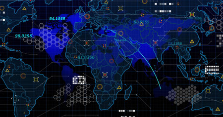 Displaying world map overlay showing hexagonal grid clusters on control panel, with numeric labels....