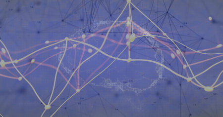 Abstract network graph flowing across world map on dashboard, showing colorful data lines and nodes....