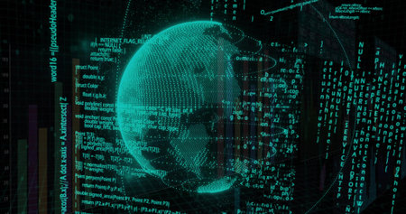 Rotating teal dotted globe in data visualization, with code blocks and vertical bar charts. Abstract, technology, cyber security, futurism, digital landscape, data analytics, innovationの写真素材