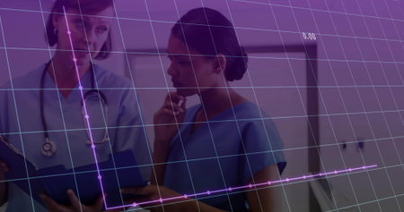 Two clinicians reviewing clipboard and wearing stethoscope in hospital, digital analytics overlay....