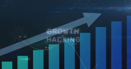Displaying gradient bars with upward arrow on blue interface, showing markers and GROWTH HACKING. Analytics, data visualization, technology, digital interface, progress, innovation, financialの写真素材