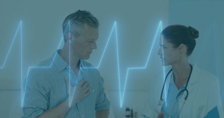 Doctor in lab coat examining patient holding chest in clinic, with stethoscope and ECG waveform. Cardiology, healthcare, medical, wellness, diagnosis, professional, clinicalの写真素材