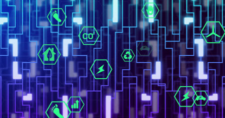 Displaying green eco-energy icons floating in neon circuit board grid, with sustainability symbols....