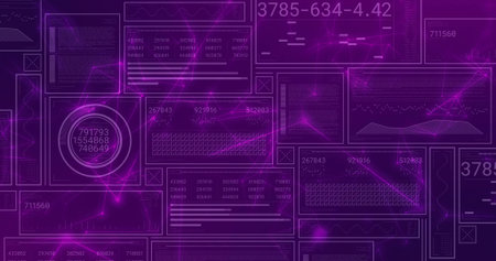 Displaying purple translucent panels in virtual interface, showing code blocks, data charts. Futuristic, digital, high-tech, interface, data visualization, network, analyticsの写真素材