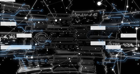 Showing abstract network in virtual space, with glowing lines, nodes, code panels and data points....