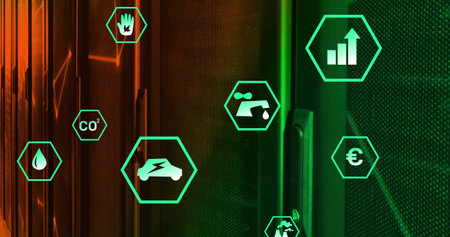 Hovering green hexagon icons showing metrics in data center corridor, with LED-lit server cabinets....