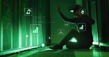 Interacting Korean tech wearing VR headset viewing CO2 metrics in server room, with floating icons. Futuristic, innovation, data, analytics, immersive, sustainable, digitalの写真素材