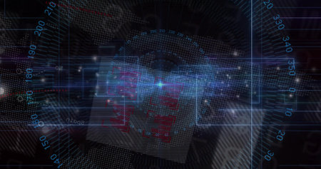 Displaying holographic data orb emitting lines on data interface with numeric ticks, data overlays. Futuristic, digital, visualization, holographic, technology, interface, dataの写真素材