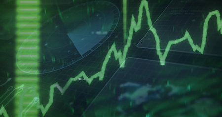 Showing green jagged line graph fluctuating across grid on virtual dashboard with radar element. Technology, data, analytics, interface, futurism, digital, innovationの写真素材