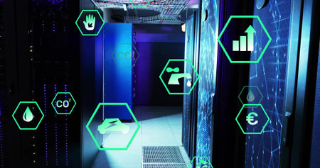 Showing server racks lining data center corridor under cable trays, with green metric icons. Data...