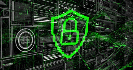 Floating pixelated shield with padlock icon in virtual network with code panels, nodes and circuits. Cybersecurity, data protection, digital security, network infrastructure, information technology, cyber defense, futuristic designの写真素材
