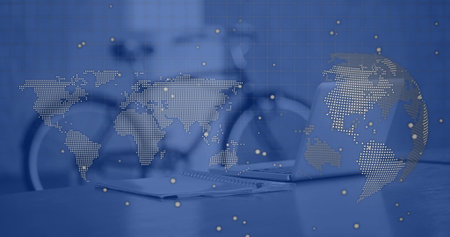 Showcasing silver laptop open on desk in office, with notebook pen glasses bicycle, copy space. Technology, innovation, digital, workspace, productivity, modern, corporateの写真素材