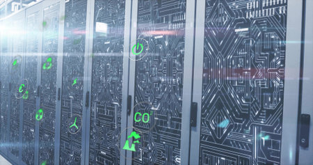 Displaying circuit patterned server cabinets lining data center aisle, neon green floating icons....