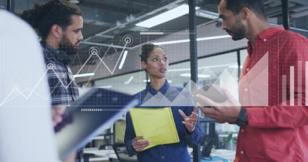Woman holding folder briefing colleagues in office, with tablet laptop glass partitions, copy space....
