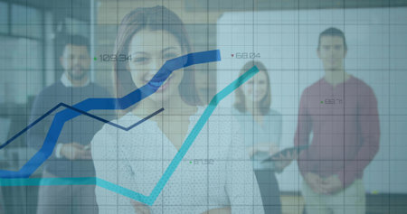 Standing woman in blouse presenting line charts in glass office with digital display and tablet....