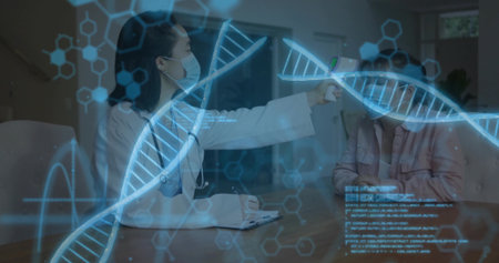 Female physician wearing coat and mask scanning DNA helix hologram in office, with scanning device. Medical, innovation, futuristic, healthcare, analysis, science, technologyの写真素材