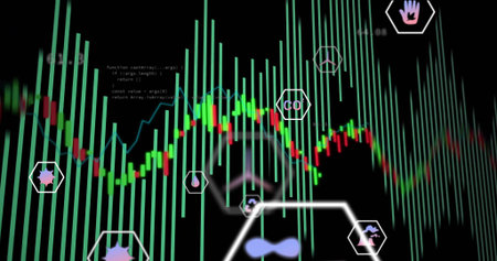 Data dashboard displaying bar chart in interface, with candlestick markers, code snippet, hex icons....