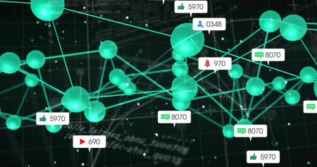 Showing glowing teal-green spheres forming network on dark grid with social media metric icons. Digital matrix, connectivity, technology, innovation, data visualization, futuristic, cyber networkの写真素材
