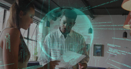 Data analyst in checkered shirt reading documents in office, with holographic globe code overlay....
