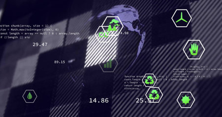 Displaying data visualization on virtual interface, with globe hexagonal icons and code snippets. Analytics, innovation, technology, sustainability, dashboard, interface, digitalの写真素材
