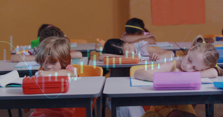 Resting heads students leaning on desks at school, with pencil cases and data charts overlay. Classroom, early education, student study, learning environment, academic achievement, literacy, childhood developmentの写真素材