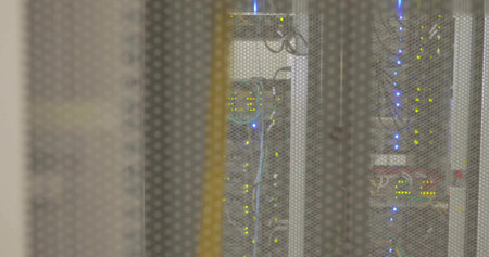 Showing rack behind perforated door in data center, featuring network switch modules blinking LEDs....