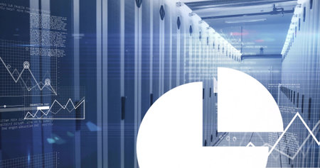 Illuminating server racks blinking LEDs and cables in data center aisle, overlaying digital charts....