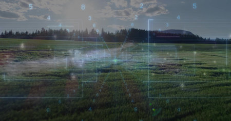 Displaying grassland stretching toward conifer forest and distant hill at meadow, with HUD elements. Landscape, nature, technology, futurism, outdoor, visualization, serenityの写真素材