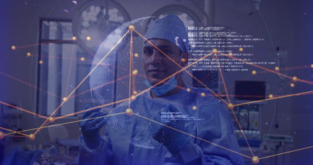 Gowned Hispanic surgeon interacting with floating data globe in hospital OR, with monitors. Medical,...