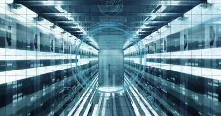 Showing central server corridor inside secure data center, with LED racks, cables, HUD overlays. Futuristic, technology, digital, cyber, infrastructure, cybersecurity, sleekの写真素材