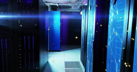 Displaying walkway stretching through data center aisle, with server racks, LEDs and cable trays....