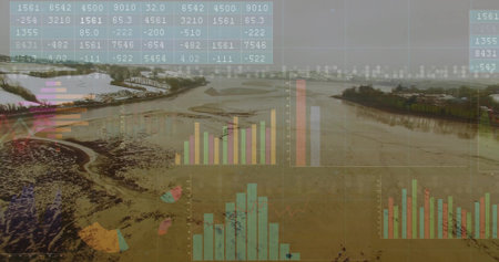 Showing winding tidal river channel at low tide over estuary, with numeric chart and graph overlays. Aerial, wetlands, geography, data visualization, marine, environment, landscapeの写真素材