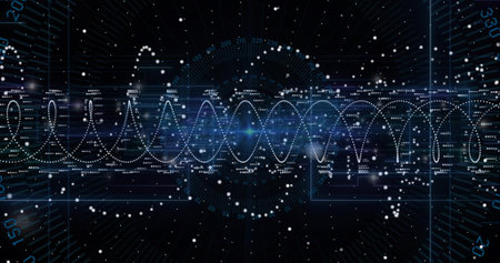 Displaying dotted waveform intersecting circular HUD on grid lines, with axis labels, data points....