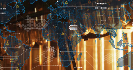 Displaying blue world map overlay covering plant corridor, with metal pipes and target indicators. Technology, industrial, infrastructure, engineering, cybersecurity, data, visualizationの写真素材