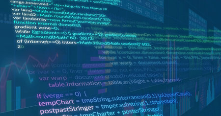 Displaying central code on computer screen, with multicolor bar chart and translucent data panels....