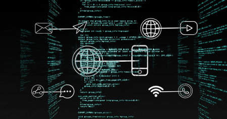 Showing communication icons hovering over scrolling code walls in 3D space, with connectivity. Technology, connectivity, digital, network, innovation, communication, cyberspaceの写真素材